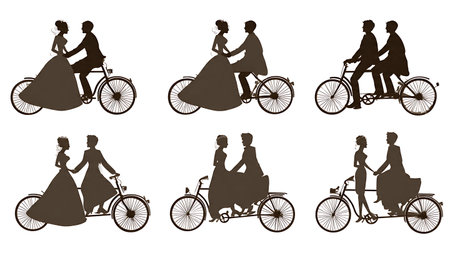 Wedding Couple on Tandem Bicycle Silhouette Pack isolated on plain white background.のイラスト素材