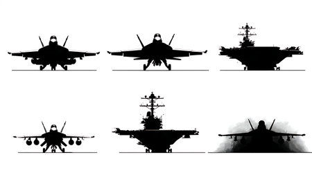 Aircraft Carrier Deck Operations Silhouette Pack isolated on plain white background.のイラスト素材