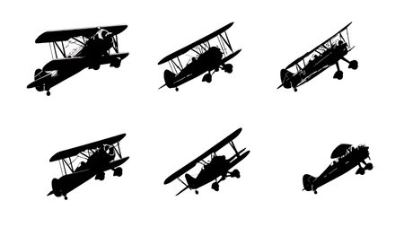 Aerobatic Biplane Stunt Silhouettes Collection isolated on plain white background.のイラスト素材
