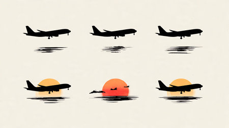 Airplane Flying into Sunset Silhouette Pack isolated on plain white background.のイラスト素材
