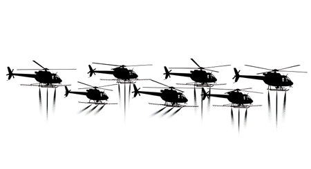 Agricultural Helicopter Crop Spraying Silhouette Set isolated on plain white background.のイラスト素材