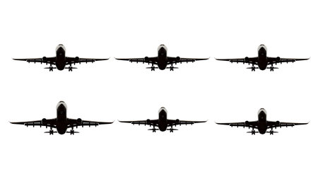 Airplane with Extended Flaps & Slats Silhouette Set isolated on plain white background.のイラスト素材