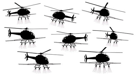 Agricultural Helicopter Crop Spraying Silhouette Set isolated on plain white background.のイラスト素材