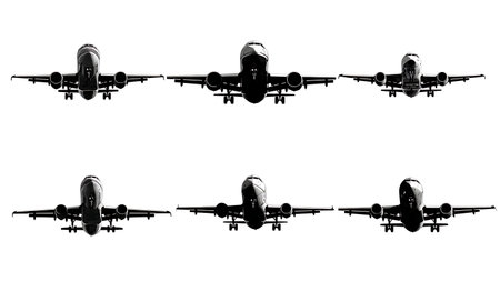 Commercial Airliner with Landing Gear Down Silhouette Set isolated on plain white background.のイラスト素材