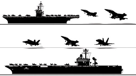 Aircraft Carrier Deck Operations Silhouette Pack isolated on plain white background.のイラスト素材