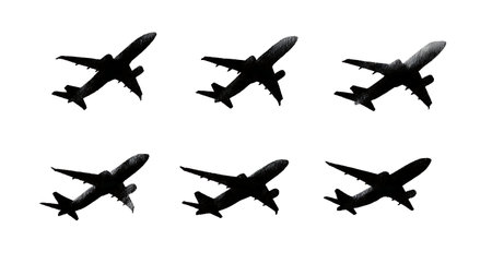 Airplane Banking and Turning Silhouette Vector Set isolated on plain white background.のイラスト素材