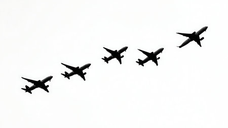 Airplanes in Echelon Formation Silhouette Pack of Six isolated on plain white background.のイラスト素材