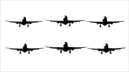 Airliner with Deployed Thrust Reversers Silhouette Set isolated on plain white background.のイラスト素材