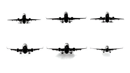 Airplane Landing Sequence Silhouette Set of Six isolated on plain white background.