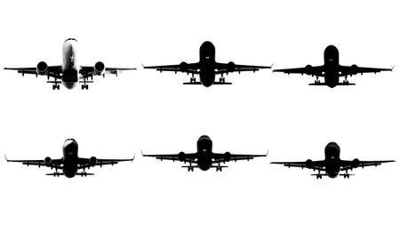 Airplane Landing Sequence Silhouette Set of Six isolated on plain white background.のイラスト素材