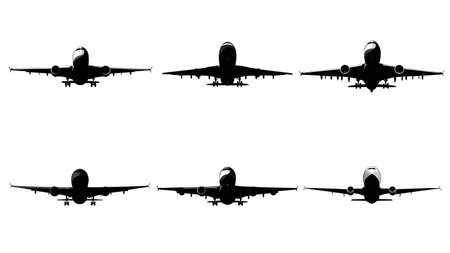 Airplane Taxiing on Runway Silhouette Set isolated on plain white background.のイラスト素材