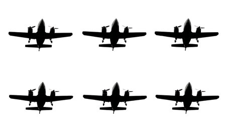 Airplane Gliding with One Engine Out Silhouette Collection isolated on plain white background.
