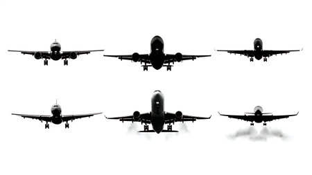 Airplane Landing Sequence Silhouette Set of Six isolated on plain white background.のイラスト素材