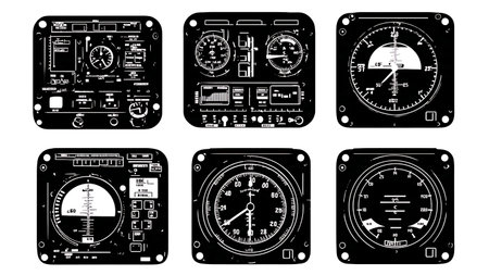 Airplane Cockpit Instrument Panel Graphic Silhouette Set isolated on plain white background.