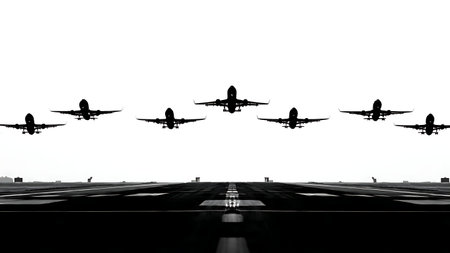 Airplane Touch-and-Go Maneuver Silhouette Pack isolated on plain white background.のイラスト素材