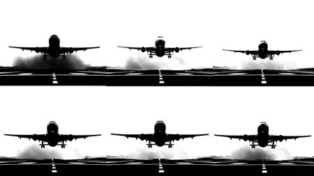 Airplane Takeoff Action Silhouette Vector Collection isolated on plain white background.のイラスト素材