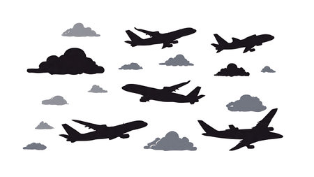 Airplane Flying Through Clouds Silhouette Collection isolated on plain white background.のイラスト素材