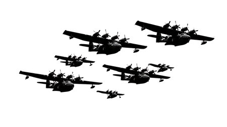 Large Amphibious Aircraft Water Takeoff Silhouette Set isolated on plain white background.