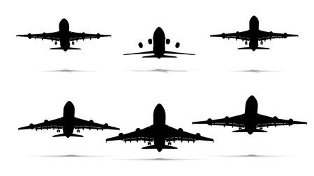 Airplane Wing with Flaps & Spoilers Deployed Silhouettes isolated on plain white background.のイラスト素材