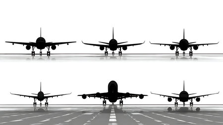 Commercial Jets Lined Up on Runway Silhouette Pack isolated on plain white background.のイラスト素材