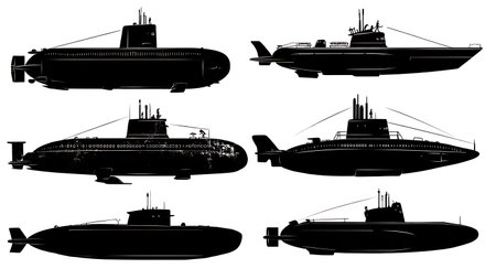 Angled Top-Down Submarine Silhouette Pack isolated on plain white background.のイラスト素材