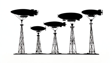 Airship Mooring to Mast Silhouette Set isolated on plain white background.のイラスト素材