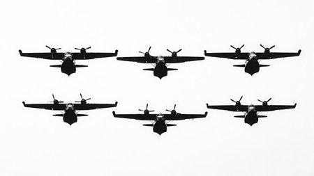 Large Amphibious Aircraft Water Takeoff Silhouette Set isolated on plain white background.のイラスト素材
