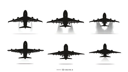Rear View Airplane Silhouette Vector Assortment isolated on plain white background.のイラスト素材
