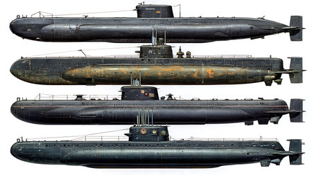 Angled Top-Down Submarine Silhouette Pack isolated on plain white background.のイラスト素材