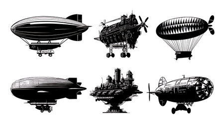 Blimp and Airship Lighter-Than-Air Silhouette Set isolated on plain white background.のイラスト素材