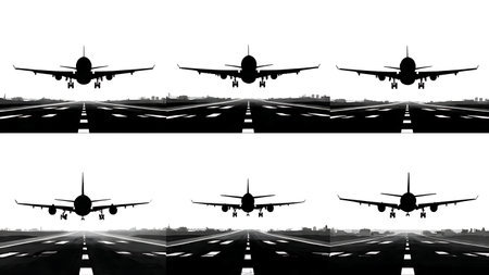 Airplane Touch-and-Go Maneuver Silhouette Pack isolated on plain white background.のイラスト素材
