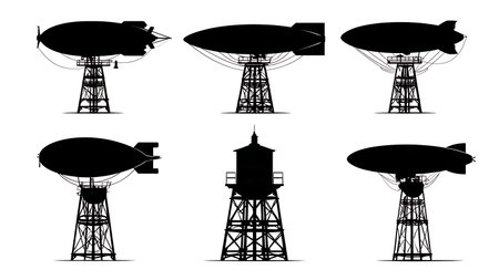 Airship Mooring to Mast Silhouette Set isolated on plain white background.のイラスト素材