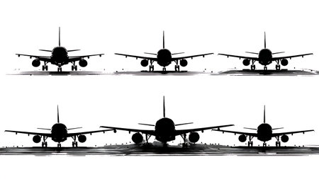 Airplane Taxiing on Runway Silhouette Set isolated on plain white background.のイラスト素材