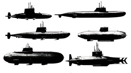 Ballistic Missile Submarine (SSBN) Silhouette Set isolated on plain white background.のイラスト素材