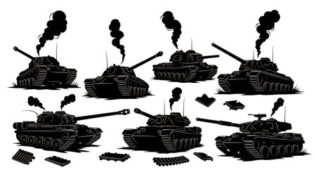 Damaged & Destroyed Tank Silhouette Collection isolated on plain white background.のイラスト素材