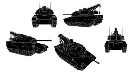Armored Recovery Vehicle (ARV) Silhouette Set isolated on plain white background.のイラスト素材