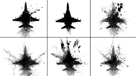 Exploding Fighter Jet Silhouette Vector Pack isolated on plain white background.のイラスト素材