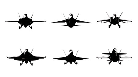 Front View Fighter Jet Silhouette Assortment isolated on plain white background.のイラスト素材