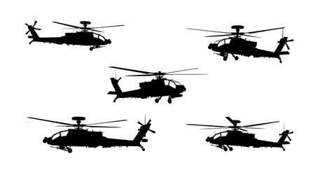 Modern Military Attack Helicopter Silhouette Set of Six isolated on plain white background.のイラスト素材