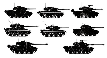 Grunge & Distressed Battle-Worn Tank Silhouette Pack isolated on plain white background.のイラスト素材