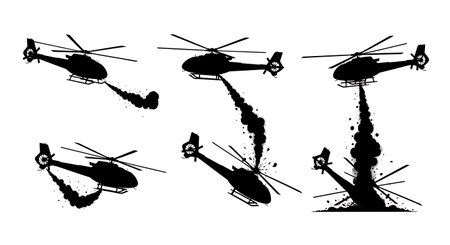Damaged or Crashing Helicopter Silhouette Set isolated on plain white background.のイラスト素材