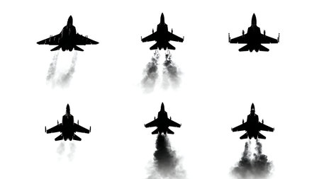 Fighter Jet with Afterburner Engaged Silhouette Pack isolated on plain white background.のイラスト素材