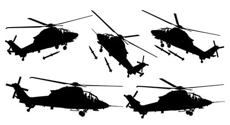 Eurocopter Tiger Attack Helicopter Silhouette Set isolated on plain white background.のイラスト素材