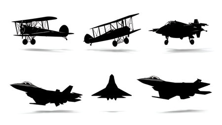 Evolution of Fighter Jet Aircraft Silhouette Set isolated on plain white background.のイラスト素材