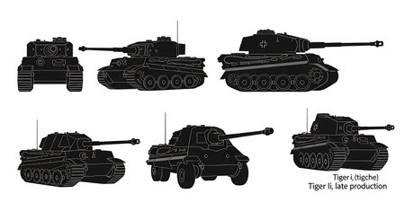 German WWII Heavy Tank Silhouette Collection isolated on plain white background.のイラスト素材