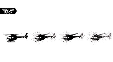 Dissolving & Particle Effect Helicopter Silhouette Set isolated on plain white background.のイラスト素材