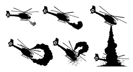 Damaged or Crashing Helicopter Silhouette Set isolated on plain white background.のイラスト素材