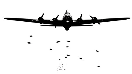 WWII Bomber Dropping Bombs Silhouette Set isolated on plain white background.のイラスト素材