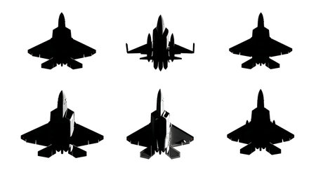 Front View Fighter Jet Silhouette Assortment isolated on plain white background.