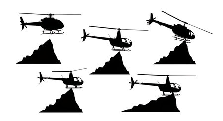 Helicopter Pinnacle Landing Maneuver Silhouette Pack isolated on plain white background.のイラスト素材